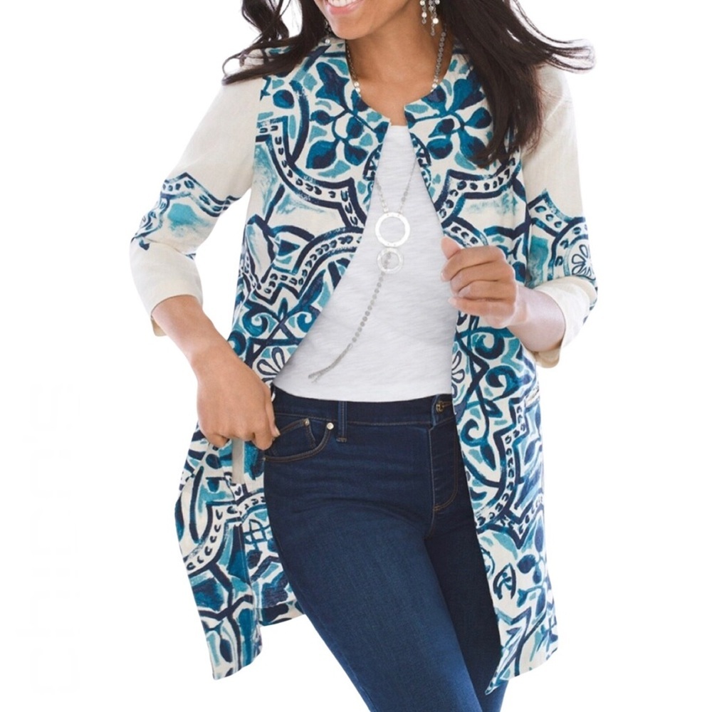 Chico’s Artisan Printed Linen Jacket Painterly Print Cream Blue 1 US 8 Medium M